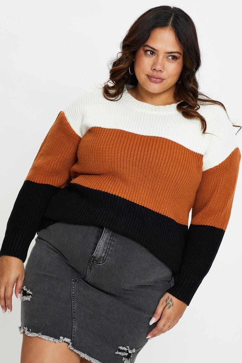 Stripe Plus Color Block Long Line Knit Top For Women By You And All