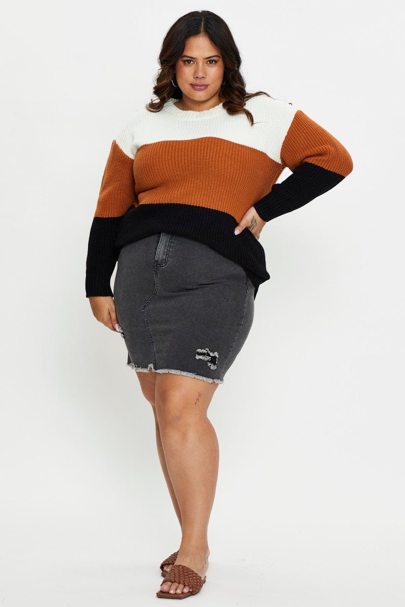 Stripe Plus Color Block Long Line Knit Top For Women By You And All