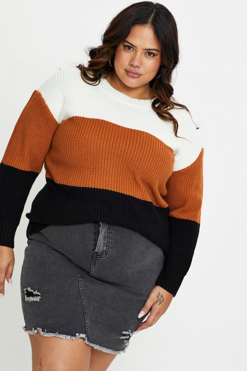 Stripe Plus Color Block Long Line Knit Top For Women By You And All