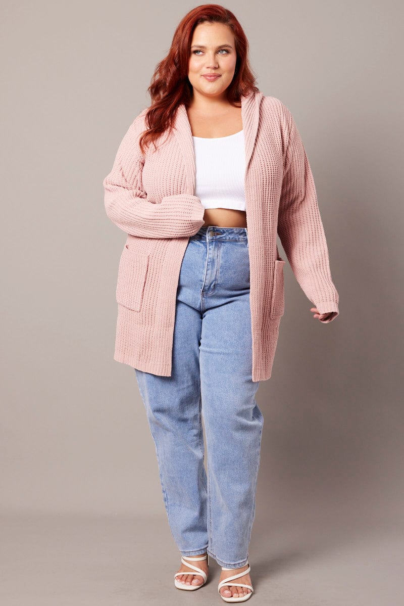 Pink Knit Cardigan Hooded Longline Chenille for YouandAll Fashion