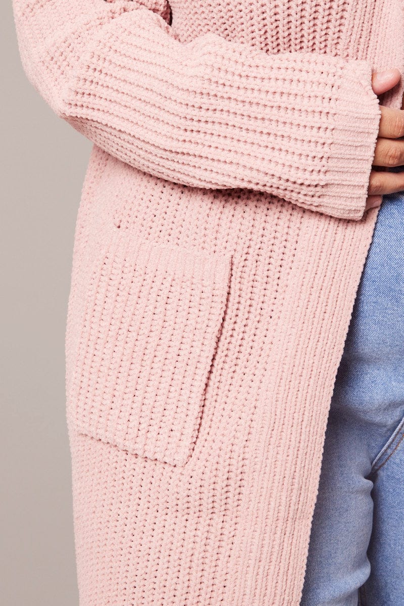Pink Knit Cardigan Hooded Longline Chenille for YouandAll Fashion