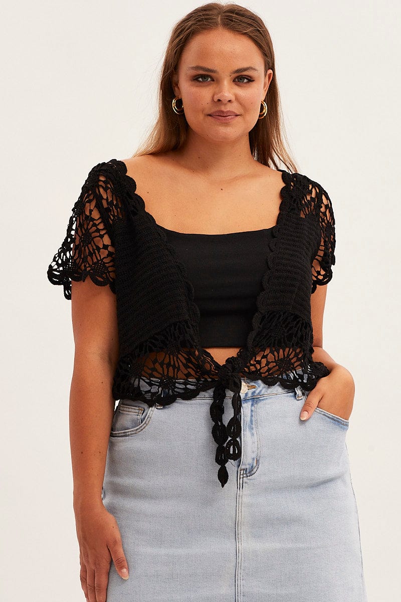 Black Crochet Cardigan Crop Tie Front for YouandAll Fashion