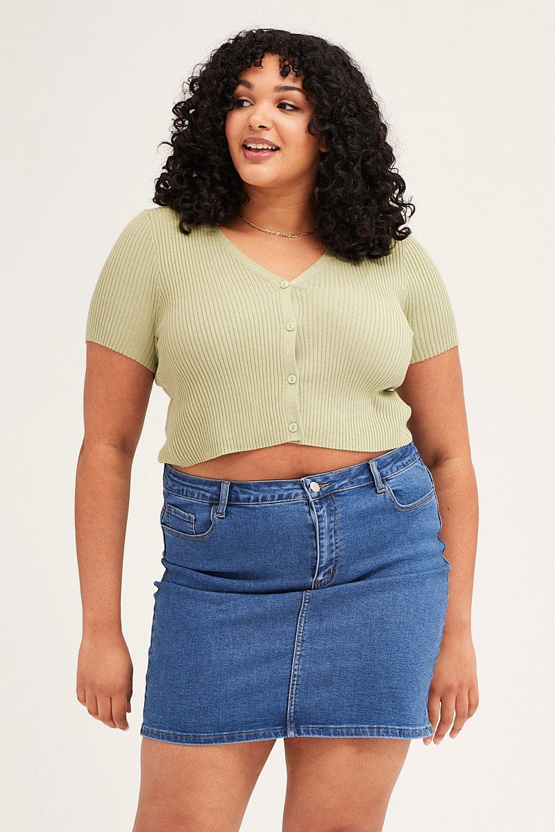 Green Cardigan Short Sleeve Ribbed Crop Knit for Women by You + All