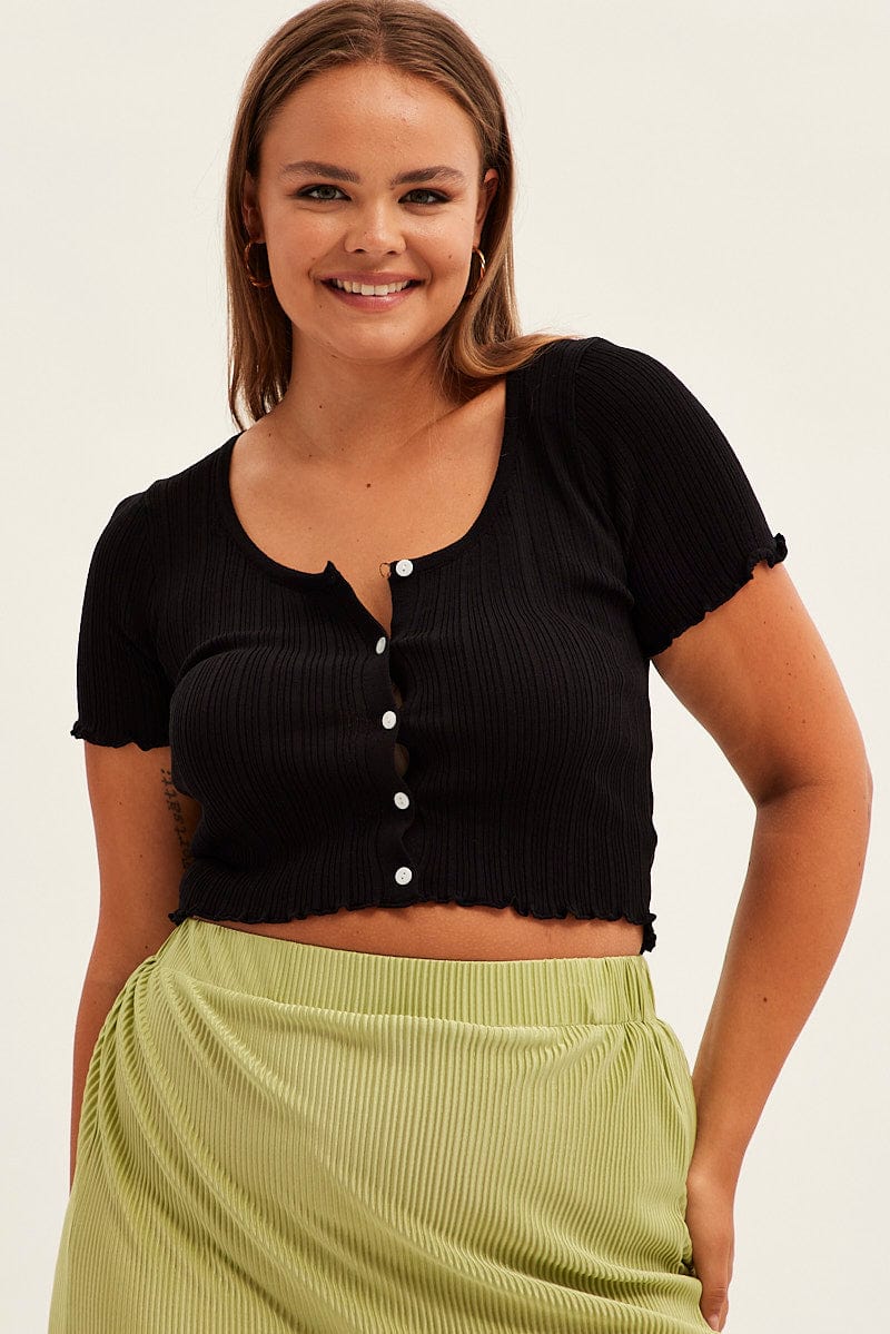 Black Crop Knit Top Scoop Neck Short Sleeve for YouandAll Fashion