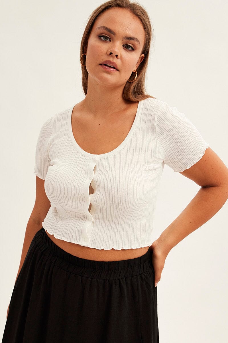 White Crop Knit Top Scoop Neck Short Sleeve for YouandAll Fashion