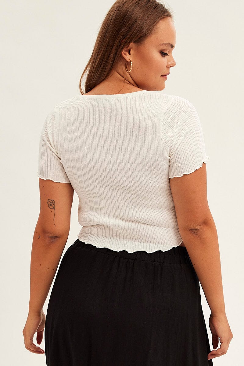 White Crop Knit Top Scoop Neck Short Sleeve for YouandAll Fashion