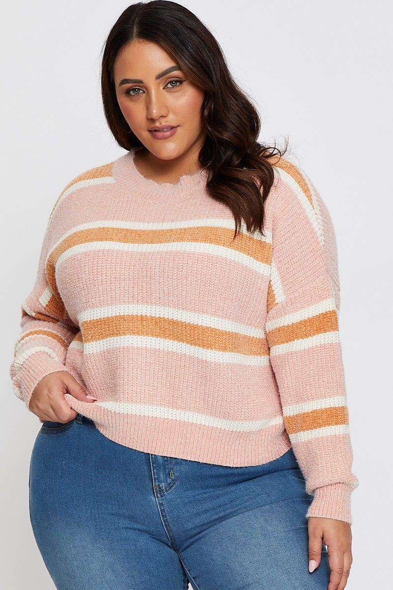 Stripe Knit Jumper Round Neck Long Sleeve Semi Crop For Women By You And All