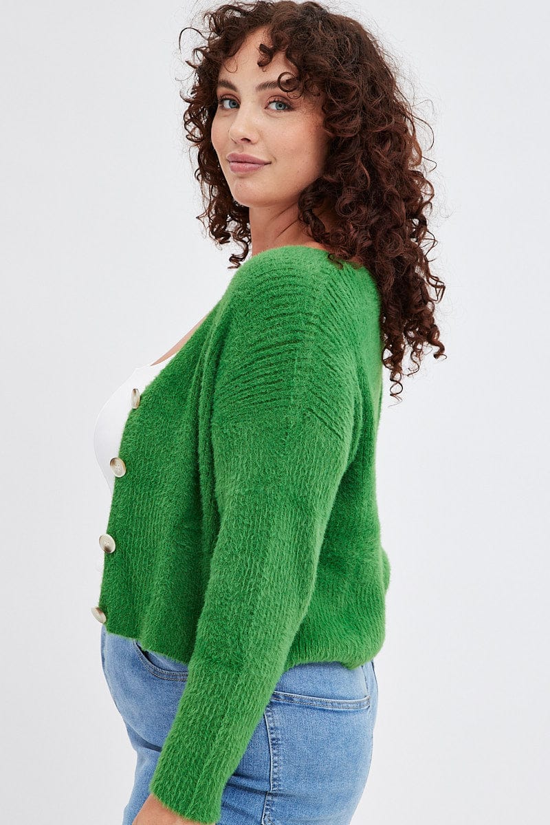 Green Knit Cardigan Long Sleeve Fluffy for YouandAll Fashion