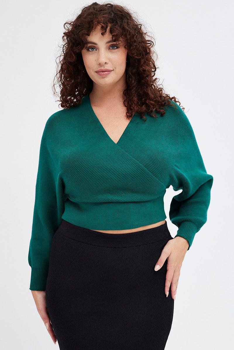 Green Knit Top Long Sleeve Cross Over for YouandAll Fashion