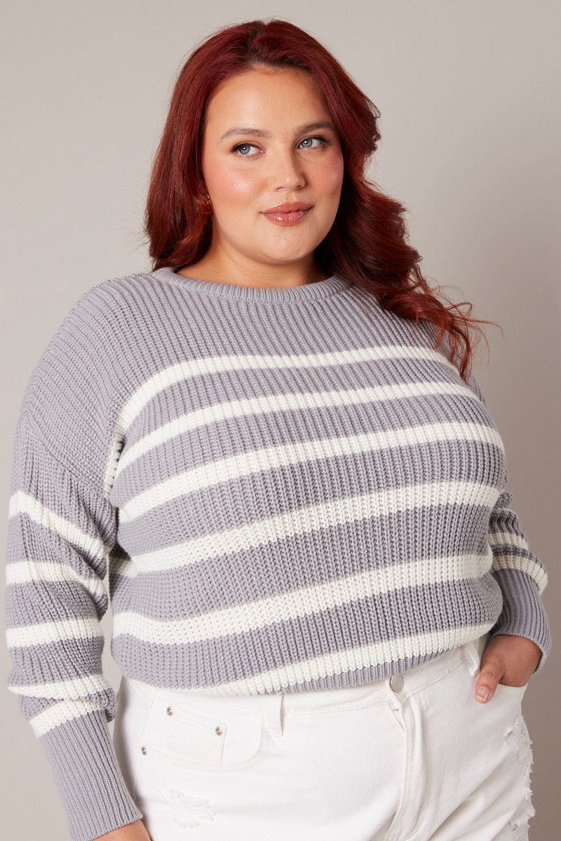 Grey Stripe Stripe Knit Jumper Crew Neck Long Sleeve for YouandAll Fashion