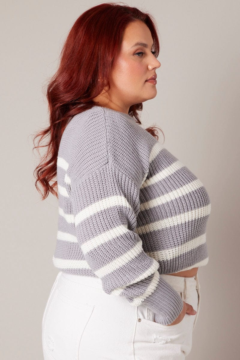 Grey Stripe Stripe Knit Jumper Crew Neck Long Sleeve for YouandAll Fashion