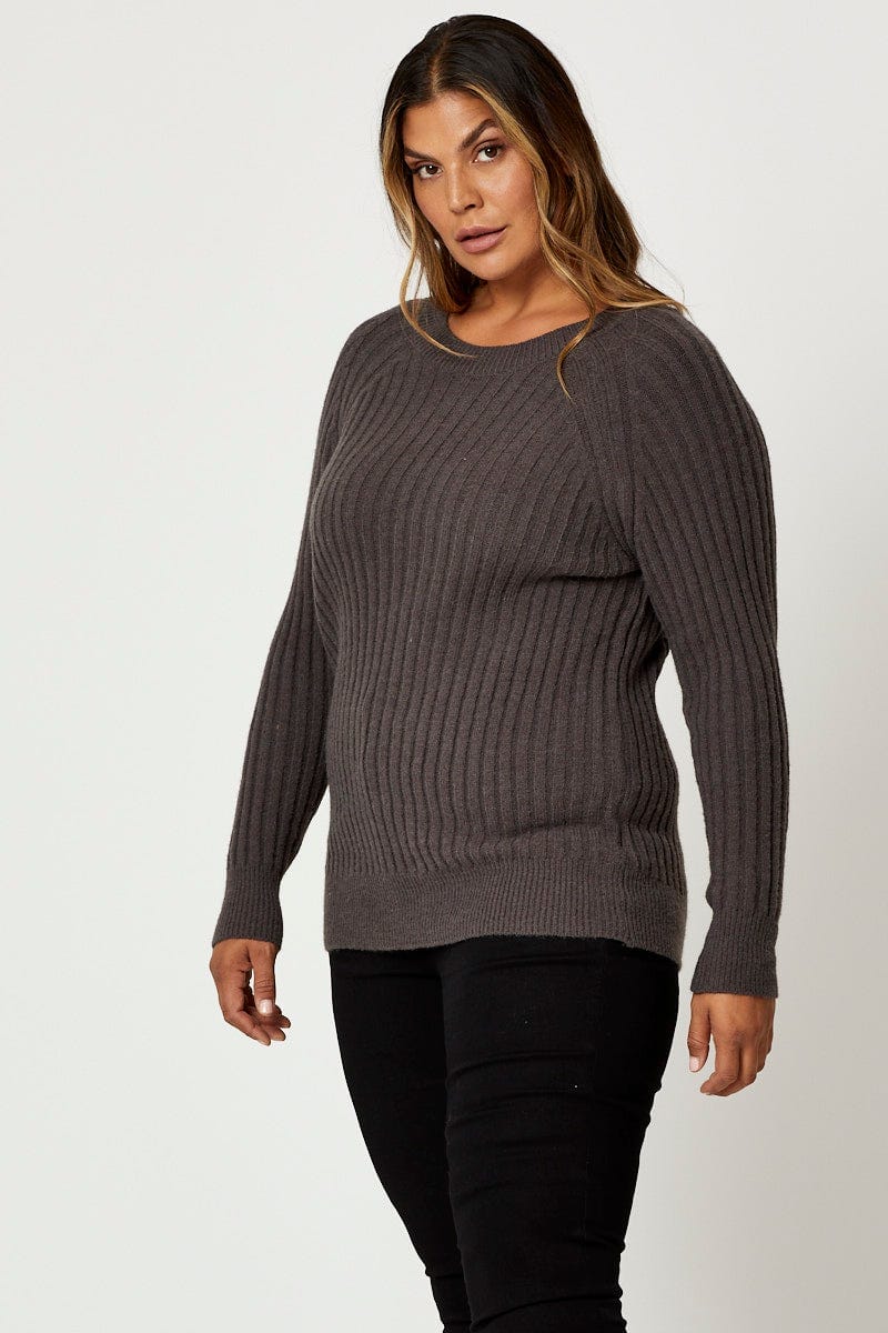 Grey Knit Top Round Neck Long Sleeve Rib Longline for Women by You and All