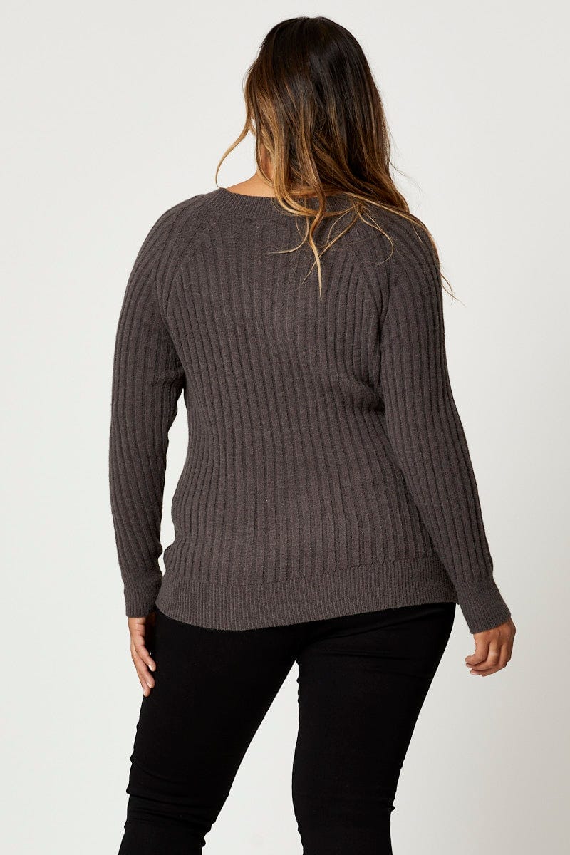 Grey Knit Top Round Neck Long Sleeve Rib Longline for Women by You and All