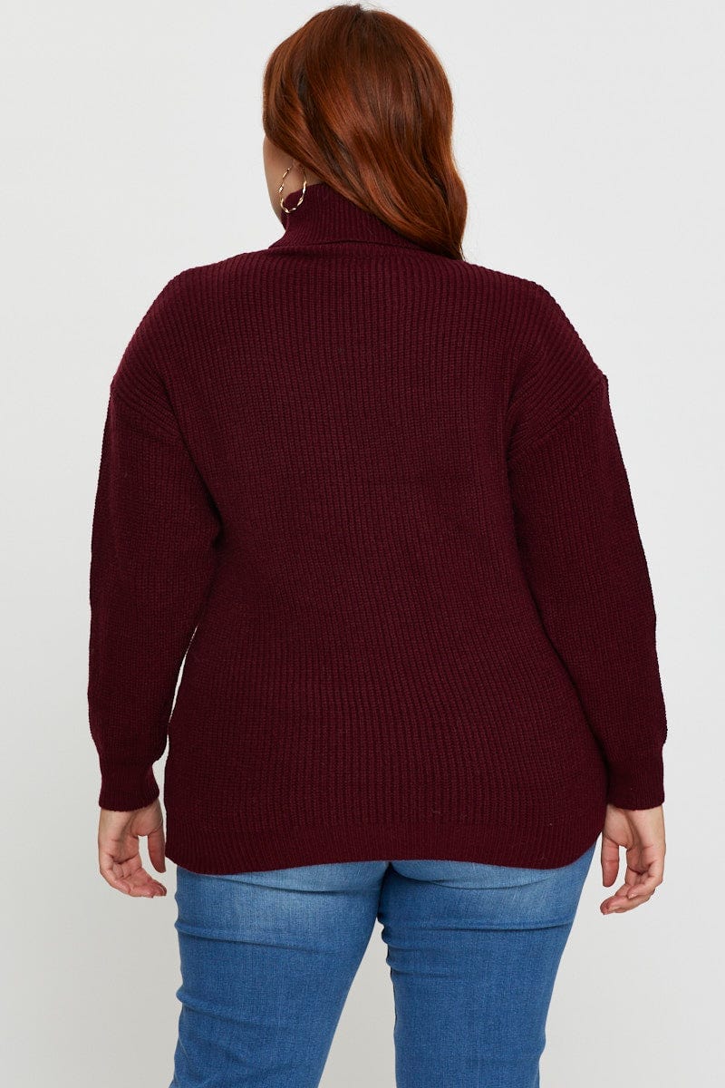 Red Knit Top Turtle Neck Long Sleeve Longline For Women By You And All
