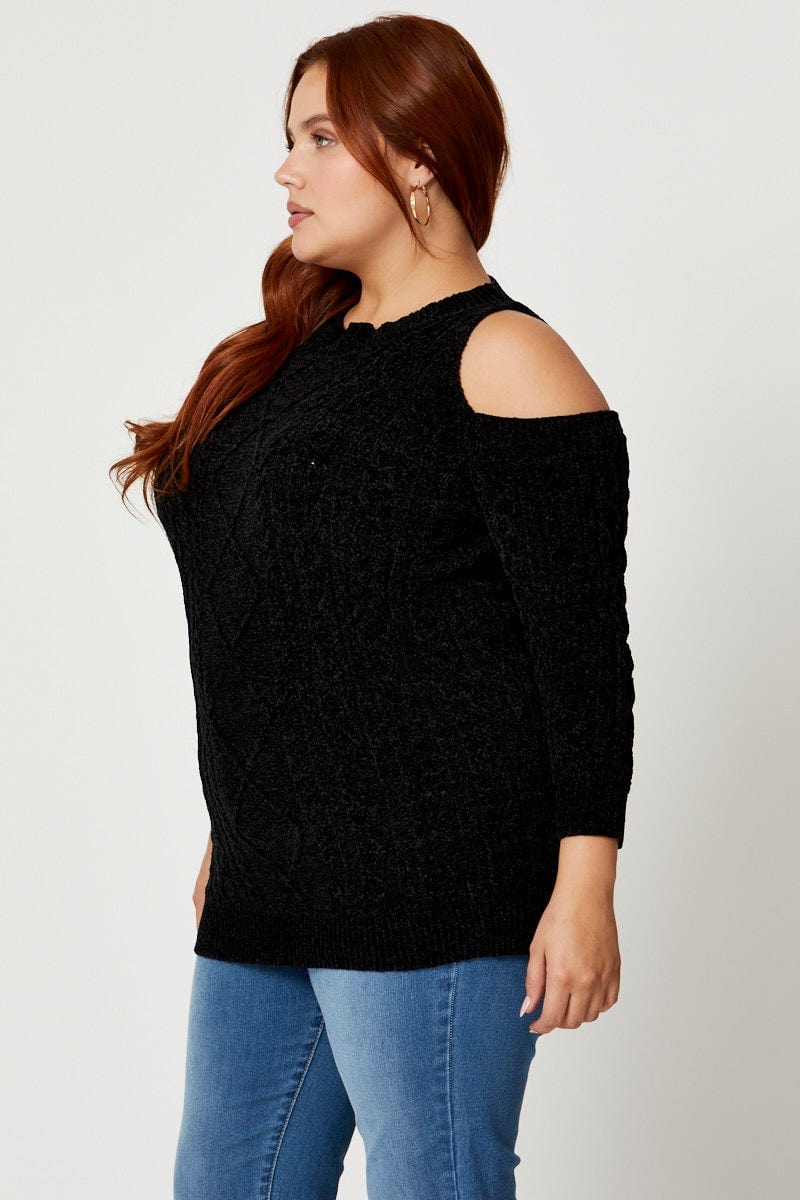 Black Knit Top Round Neck Long Sleeve Cold Shoulder For Women By You And All