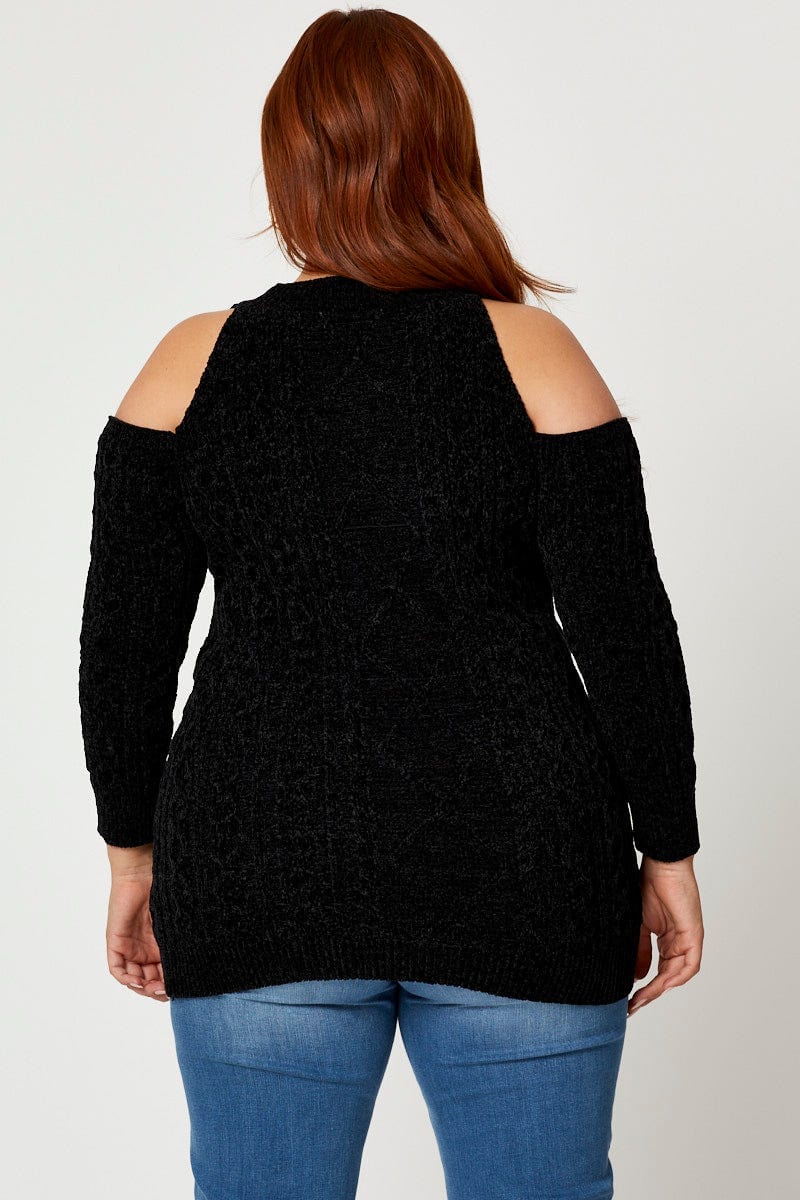 Black Knit Top Round Neck Long Sleeve Cold Shoulder For Women By You And All