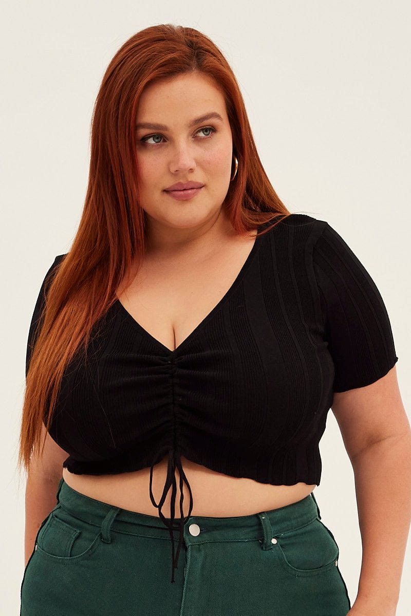 Black Knit Top Ruched Front Short Sleeve Crop for YouandAll Fashion