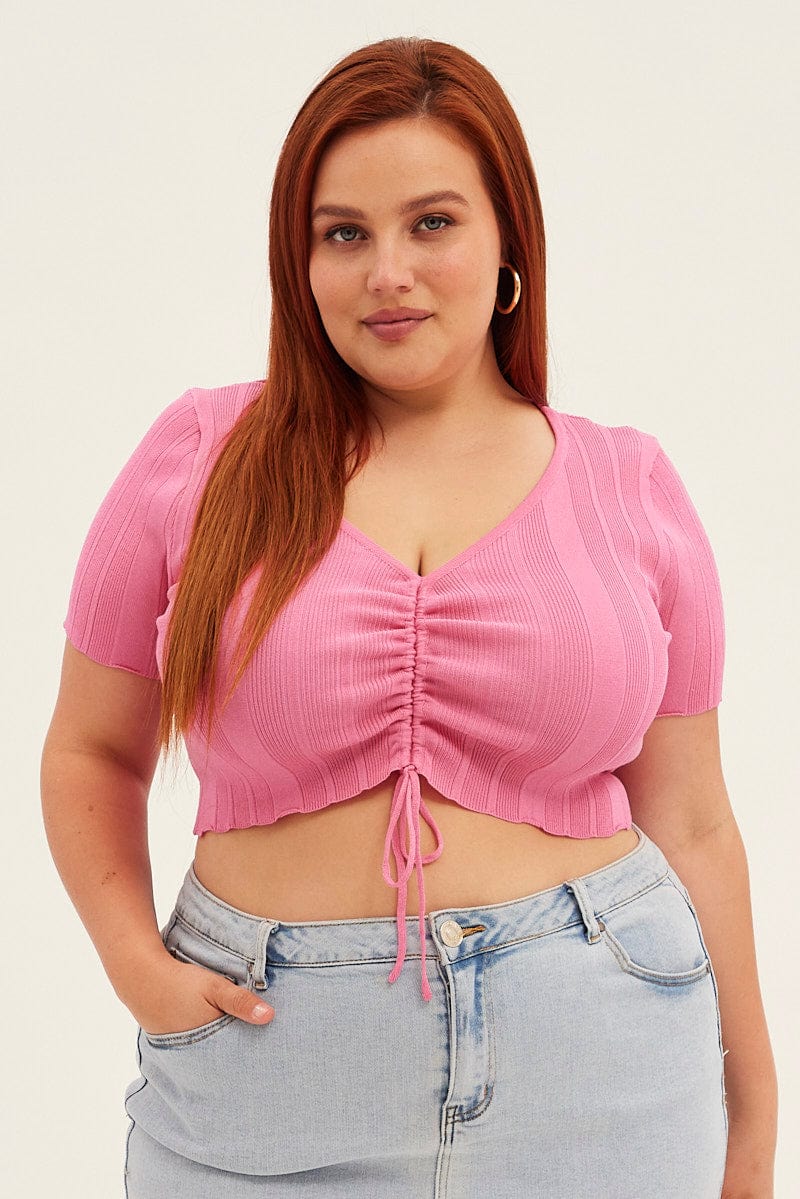 Pink Knit Top Ruched Front Short Sleeve Crop for YouandAll Fashion