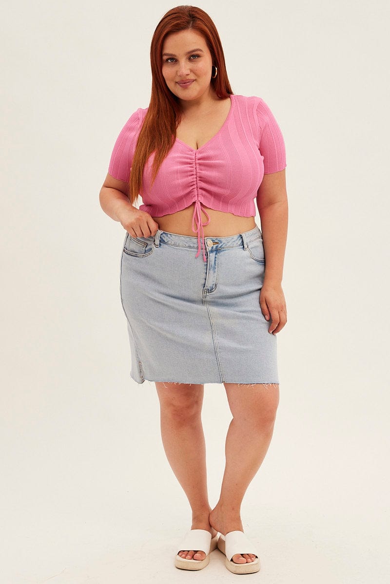 Pink Knit Top Ruched Front Short Sleeve Crop for YouandAll Fashion