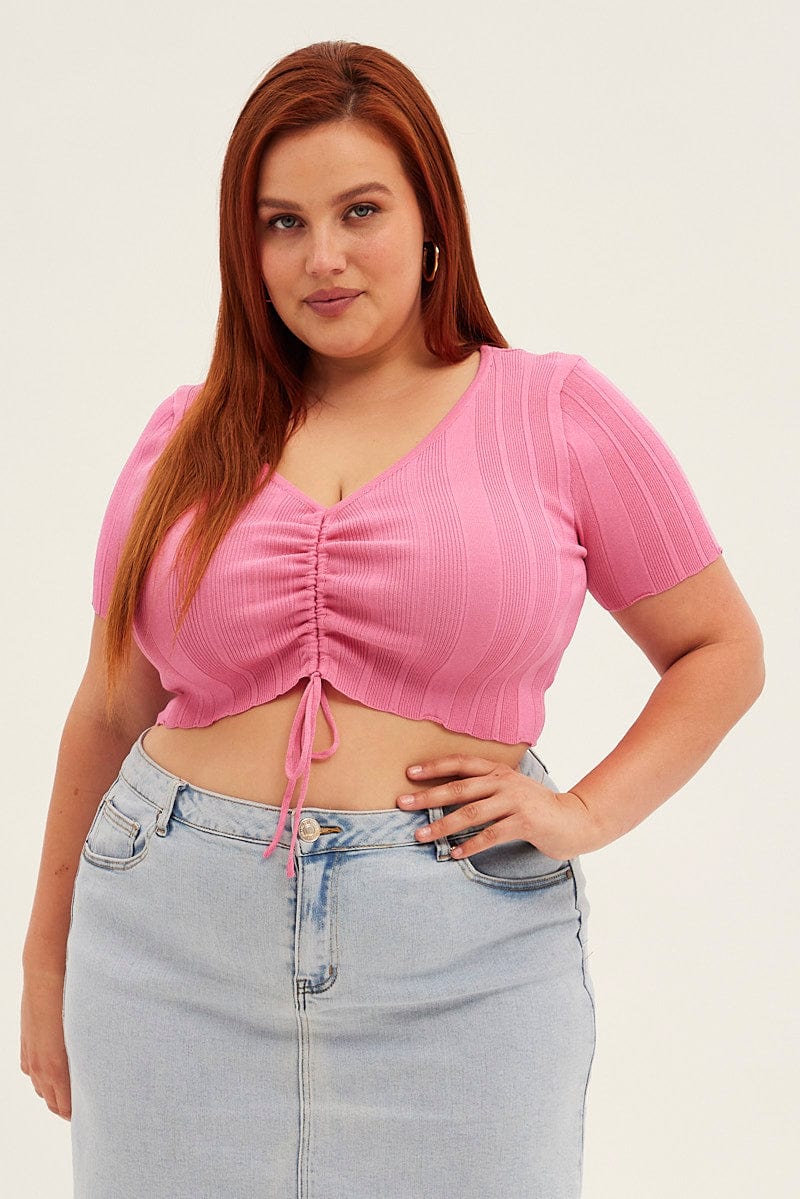 Pink Knit Top Ruched Front Short Sleeve Crop for YouandAll Fashion