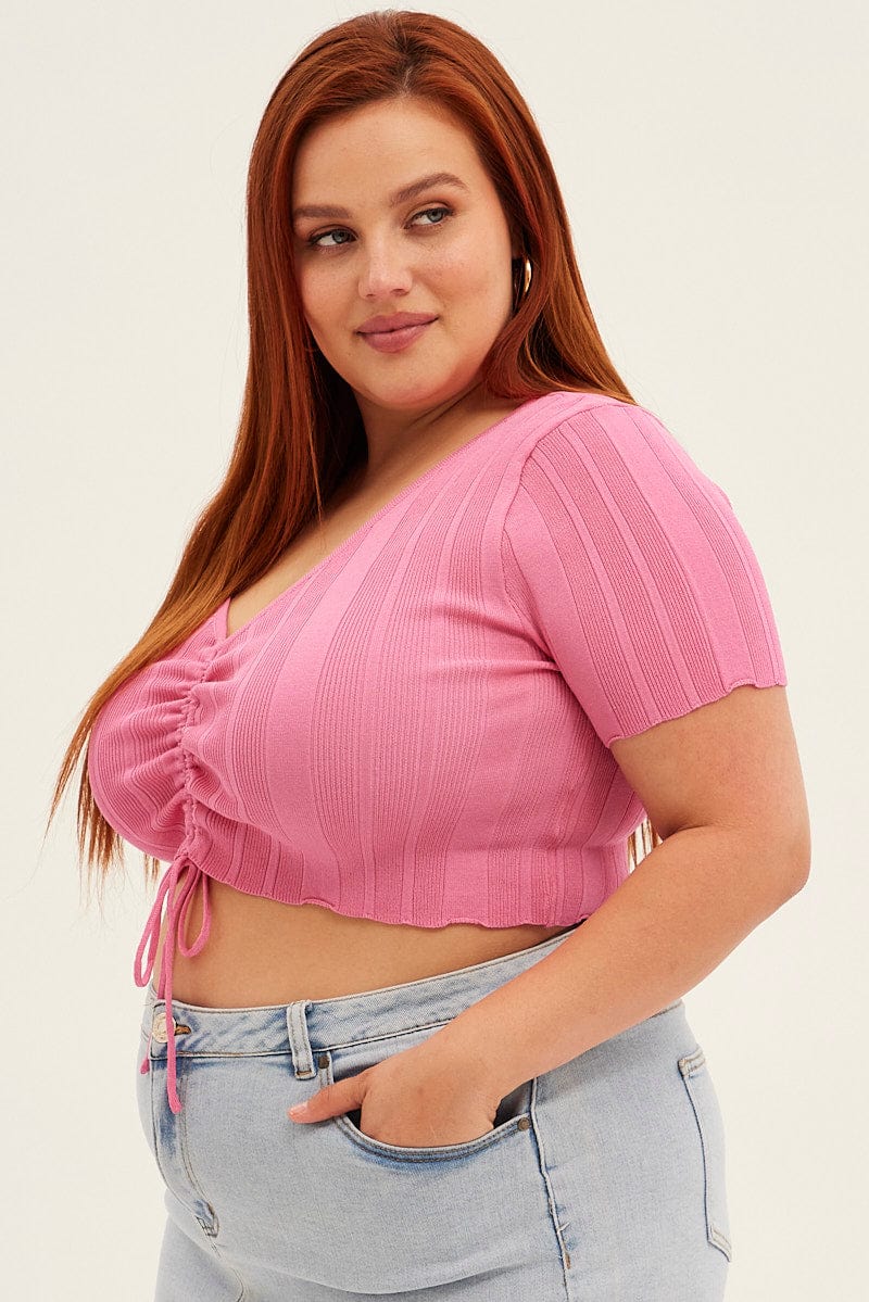 Pink Knit Top Ruched Front Short Sleeve Crop for YouandAll Fashion