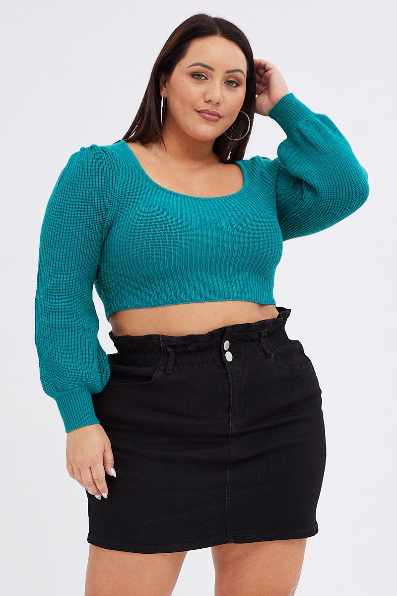 Green Knit Top Square Neck Long Sleeve Crop for YouandAll Fashion