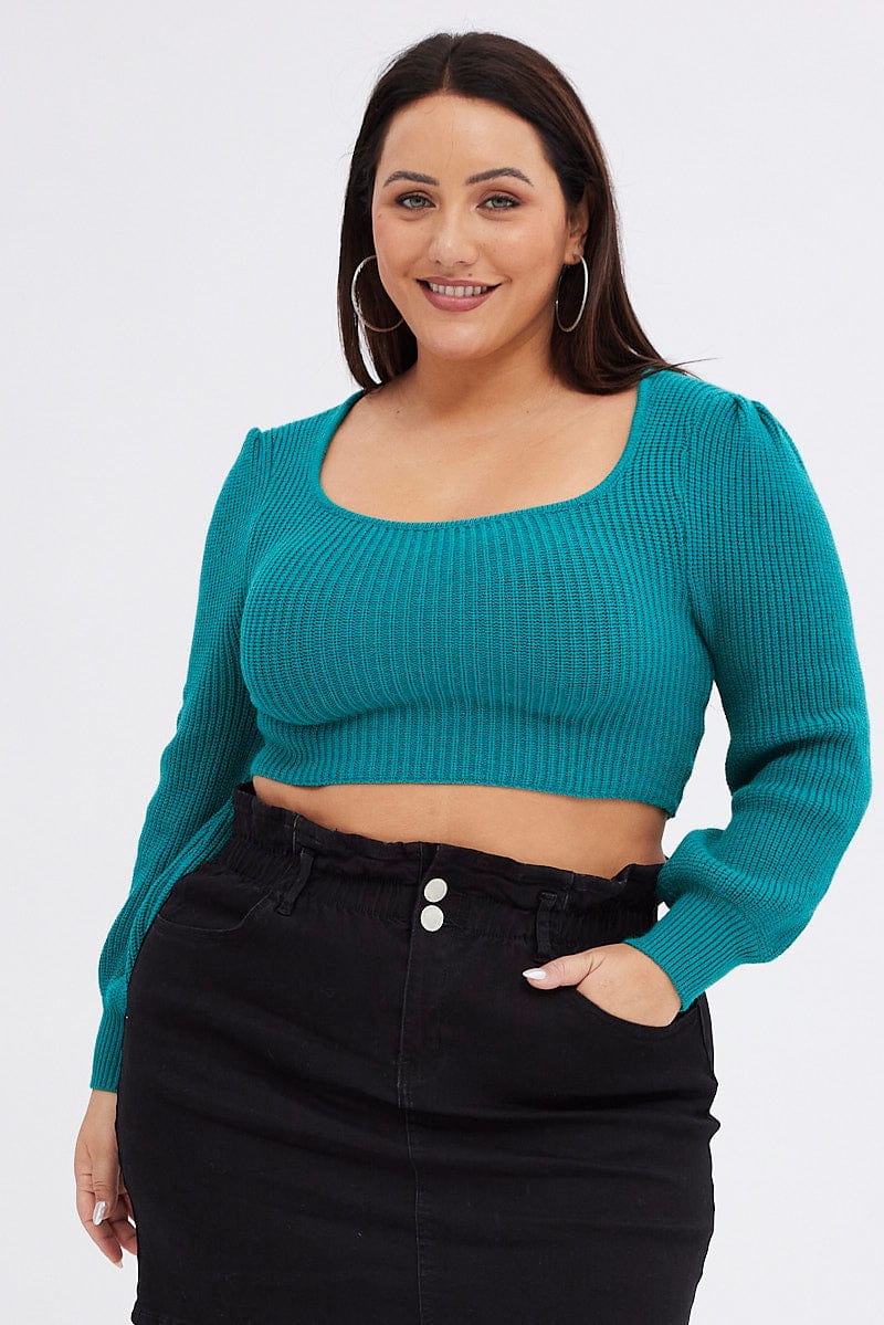 Green Knit Top Square Neck Long Sleeve Crop for YouandAll Fashion