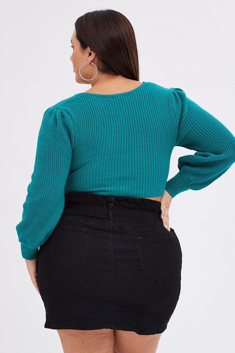 Green Knit Top Square Neck Long Sleeve Crop for YouandAll Fashion