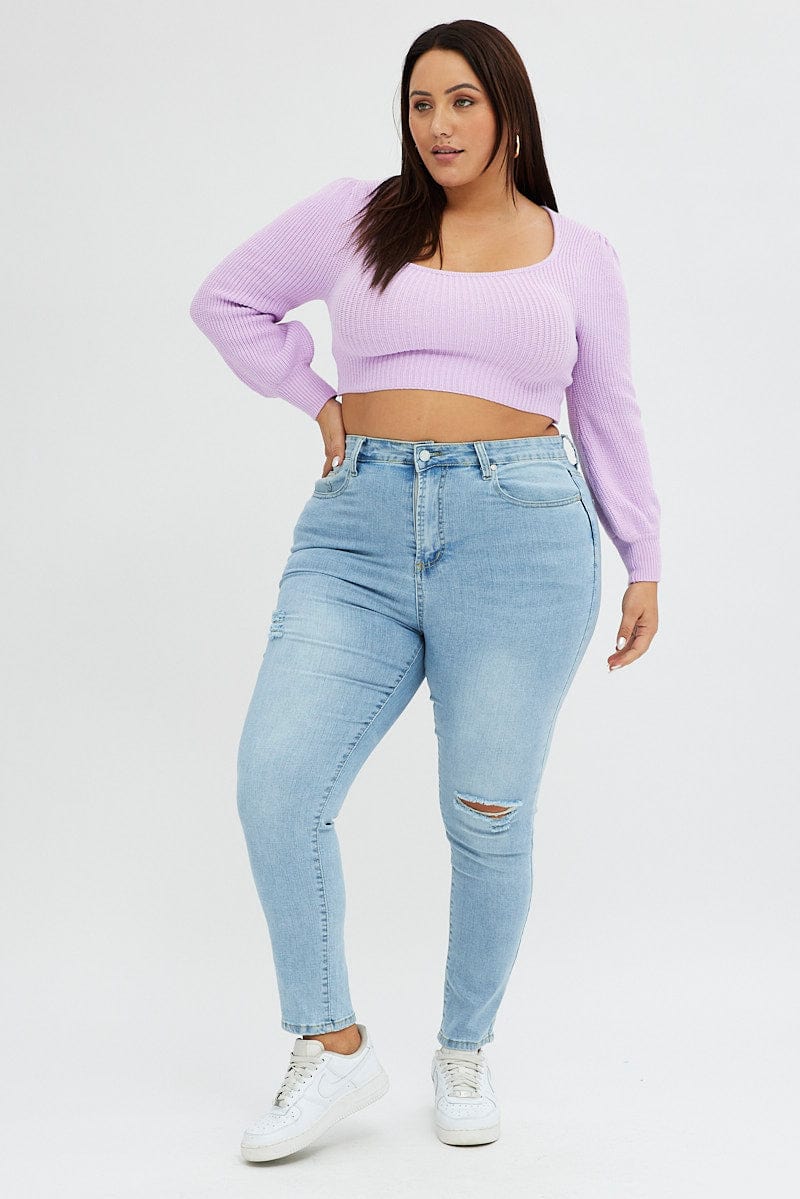 Purple Knit Top Square Neck Long Sleeve Crop for YouandAll Fashion