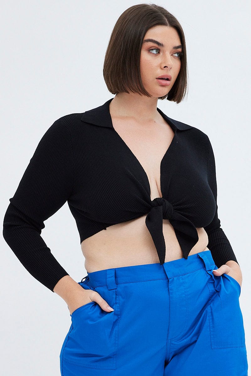 Black Knit Top Front Tie Collared Crop for YouandAll Fashion