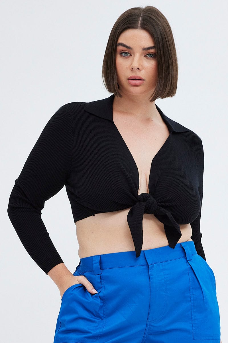 Black Knit Top Front Tie Collared Crop for YouandAll Fashion