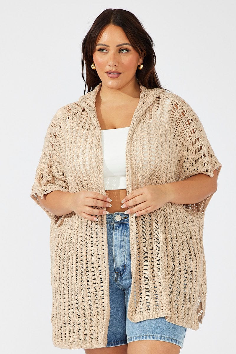 Beige Hooded Crochet Cardigan Short sleeve for YouandAll Fashion