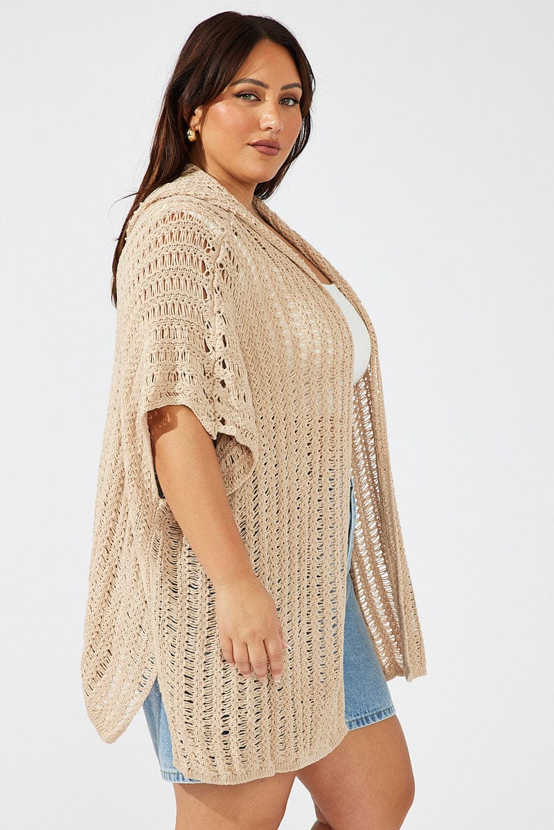 Beige Hooded Crochet Cardigan Short sleeve for YouandAll Fashion