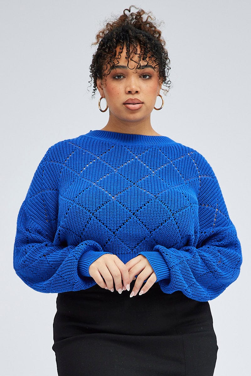 Blue Knit Crop Jumper Long Sleeve for YouandAll Fashion