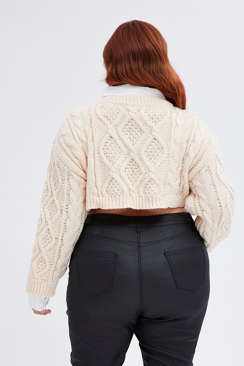 Beige Cable Knit Jumper Crop Faux Layered for YouandAll Fashion