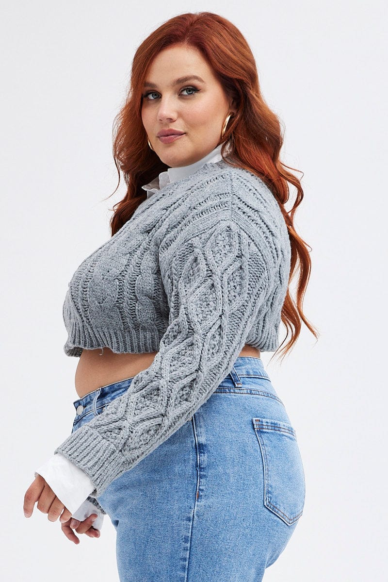 Grey Cable Knit Jumper Crop Faux Layered for YouandAll Fashion