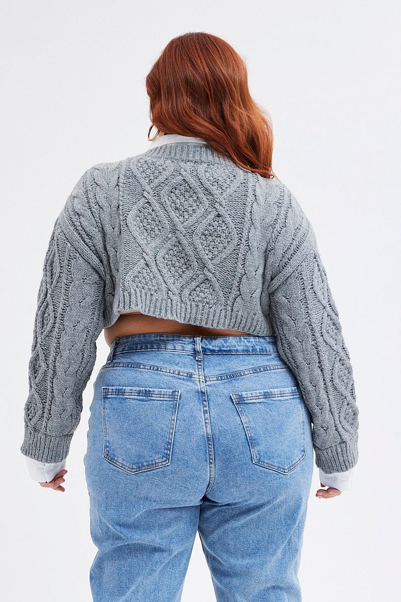 Grey Cable Knit Jumper Crop Faux Layered for YouandAll Fashion