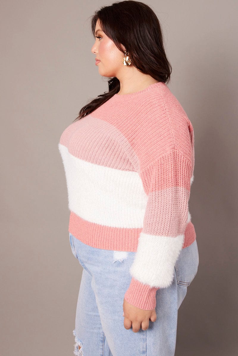 Pink Stripe Knit Jumper Long Sleeve Crew Neck Oversized for YouandAll Fashion