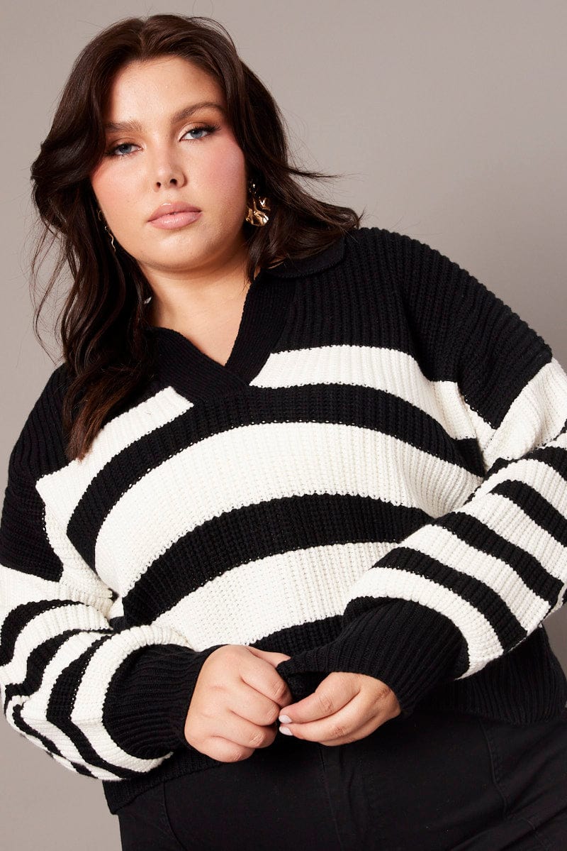 Black Stripe Stripe Knit Jumper Collared for YouandAll Fashion