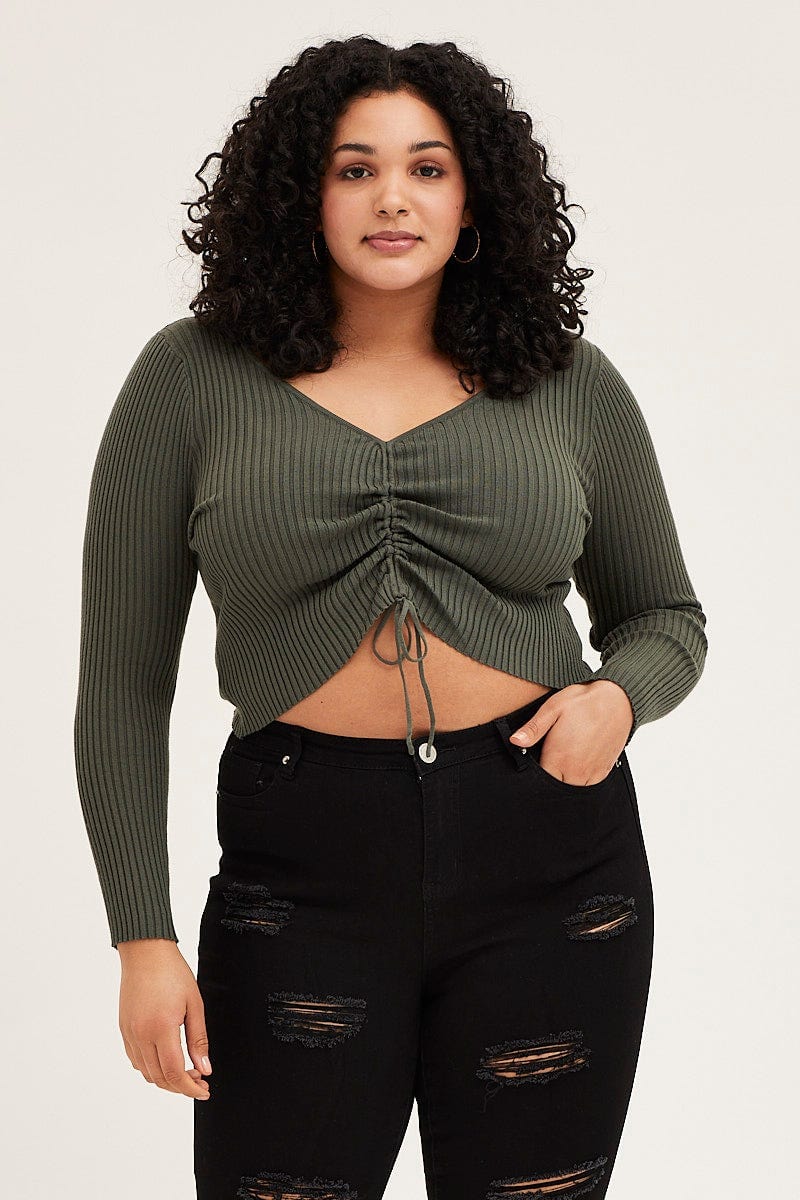 Khaki V-Neck Long Sleeve Ruched Front Crop Knit Top For Women By You And All