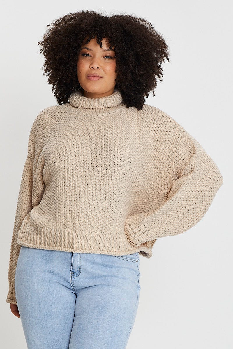 Neutral Jumper Turtle Neck Long Sleeve Waffle Knit For Women By You And All