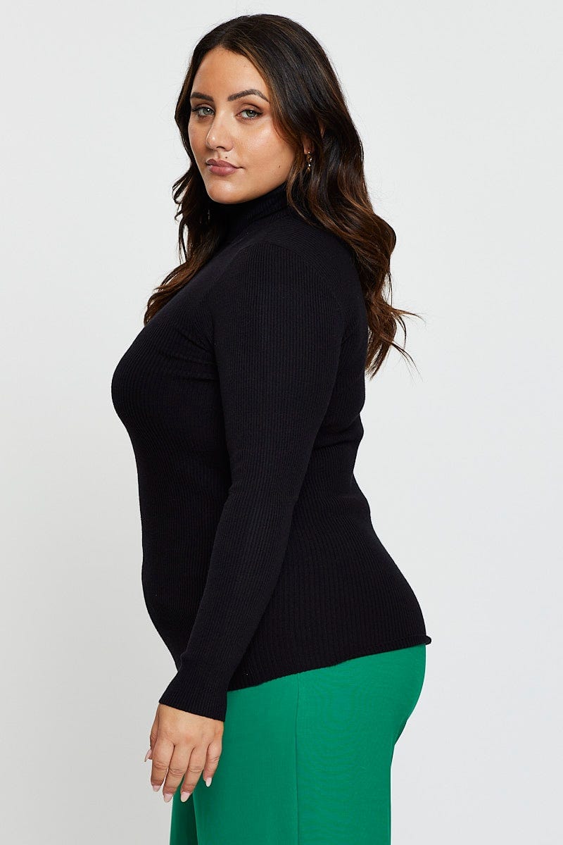 Black Top  Turtle Neck Long Sleeve Rib Knit for Women by You and All