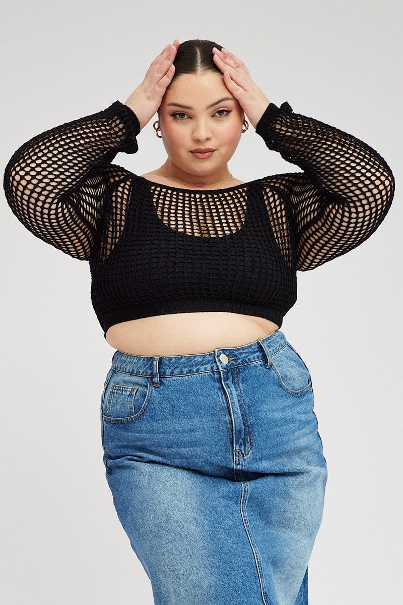Fishnet Square Pattern Top Black Fishnet Knit Top Long Sleeve Square Neck | You & All