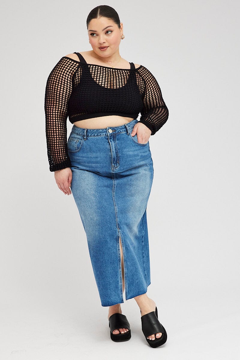 Fishnet Square Pattern Top Black Fishnet Knit Top Long Sleeve Square Neck | You & All