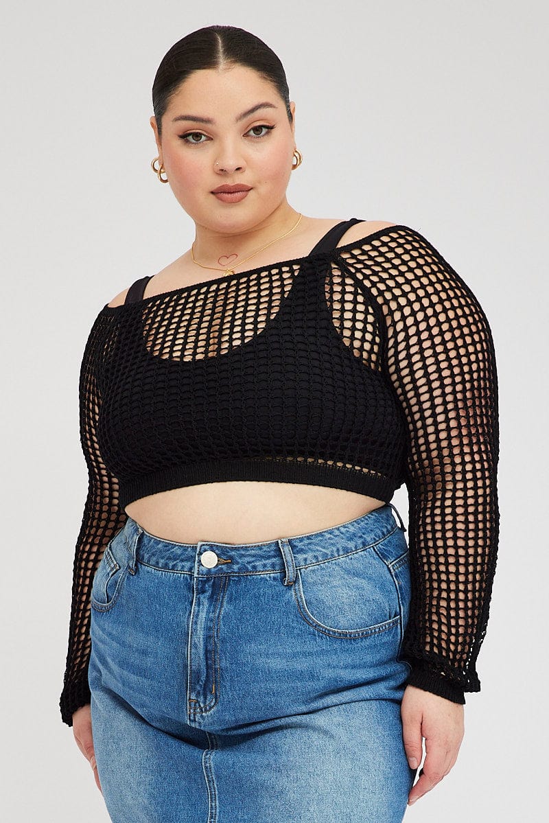 Square Box Fishnets Black Fishnet Knit Top Long Sleeve Square Neck | You & All