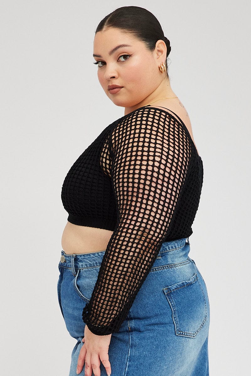 Fishnet Square Pattern Top Black Fishnet Knit Top Long Sleeve Square Neck | You & All