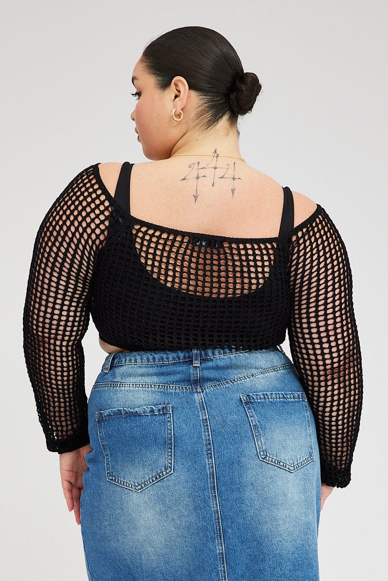 Fishnet Square Pattern Top Black Fishnet Knit Top Long Sleeve Square Neck | You & All