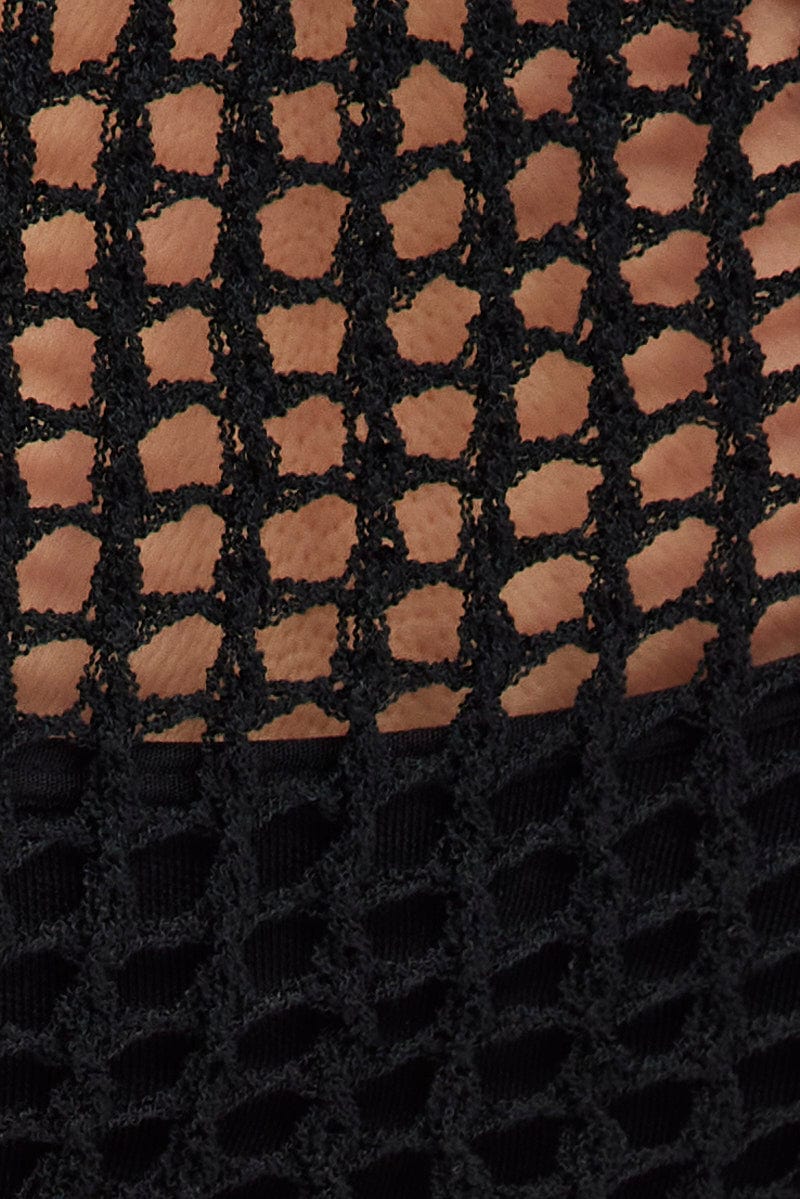 Black Fishnet Knit Top Long Sleeve Square Neck for YouandAll Fashion