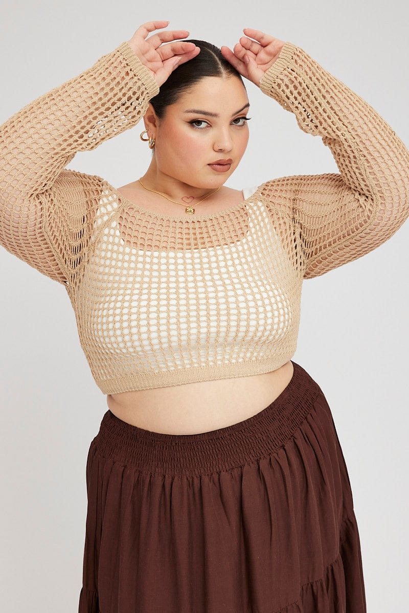 Beige Fishnet Knit Top Long Sleeve Square Neck | You & All