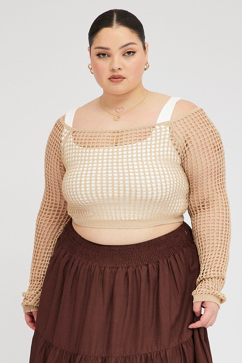 Fishnet Square Pattern Top Beige Fishnet Knit Top Long Sleeve Square Neck | You & All